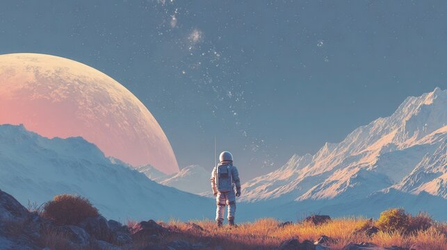 astronaut standing on alien planet, glowing cosmic sky background