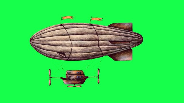 Vintage airship animation, transparent 4K video, green screen