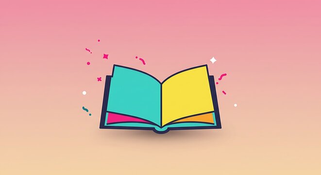A stylized open book with colorful pages against a gradient pink and yellow backdrop