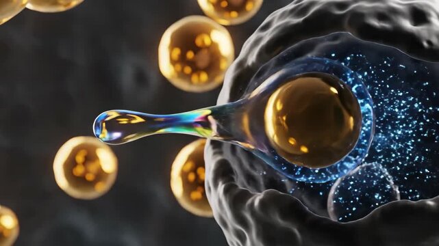 3D macro visualization of lipophagy: an autophagosome envelops a golden lipid droplet, docking with a lysosome to convert it into blue energy.