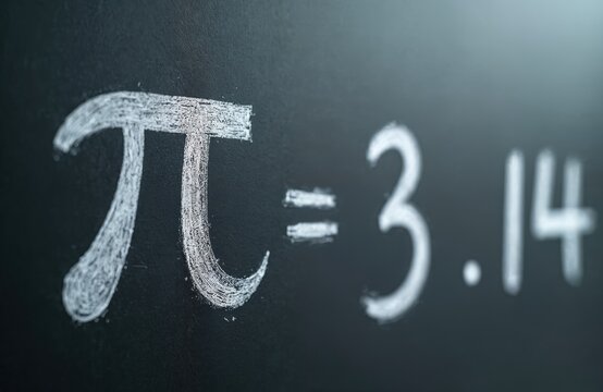 Pi symbol, decimal value 3. 14 handwritten with white chalk on dark, dusty blackboard surface. Simple math representation for education science context. Useful for concepts like calculation geometry.