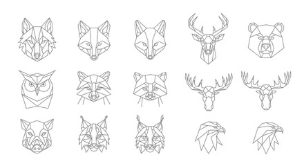 Collection of geometric animal head designs, including fox, deer, bear, owl, raccoon, lynx, boar, and eagle.