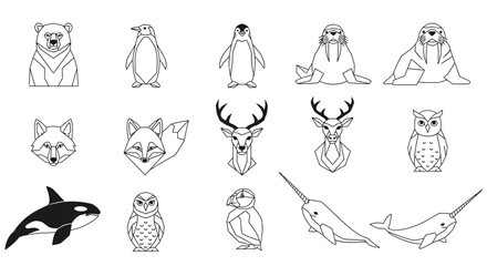 Collection of stylized line art illustrations of various Arctic animals, presented on white.