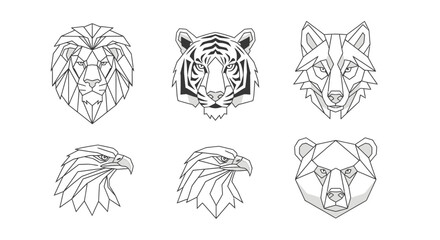 Geometric animal heads: lion, tiger, wolf, eagle, and bear, displayed as line art illustrations on a white background.