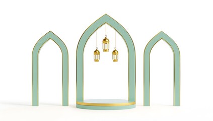 Islamic archway with hanging lanterns and golden podium on white background