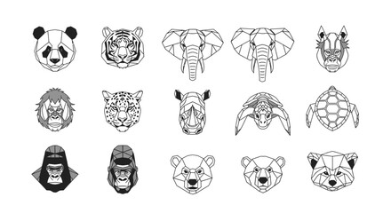 Geometric illustrations of various animal heads, showcasing detailed polygonal designs in black and white.