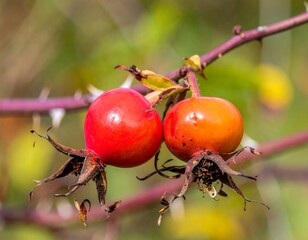 Wild rose hips with red-orange skin and dried sepals on thorny stems in late summer