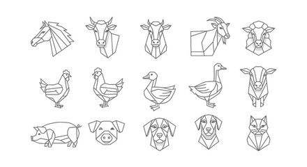 Geometric line art illustrations of various farm animals in a row.