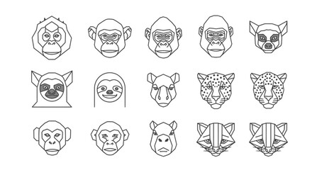 Collection of stylized animal faces in outline form, including monkeys, lemurs, sloths, cheetahs, and raccoons.
