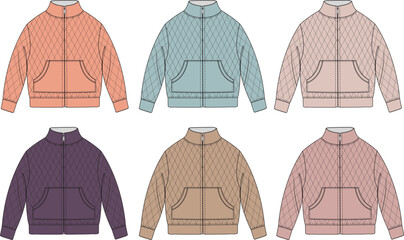 Collection of fashionable quilted jacket designs showcasing a variety of colors and styles for apparel design