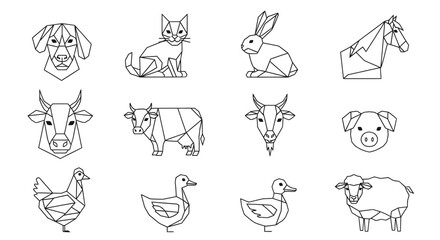 Geometric line art illustration featuring various farm animals including a dog, cat, rabbit, horse, cow, goat, pig, chicken, duck, and sheep.