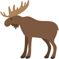 Brown Moose with Large Antlers Standing Profile on Transparent Background Stylized Illustration