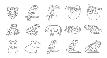 Outlined illustrations of various animals, depicting a diverse collection of wildlife species.