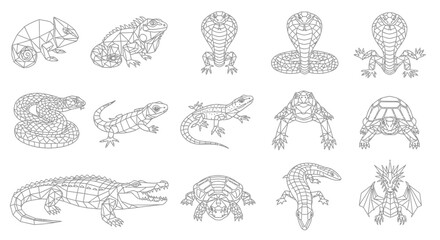 A collection of outlined geometric representations of various reptiles and amphibians, including chameleons, snakes, lizards, turtles, and crocodiles.