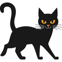 Cartoon black cat with orange eyes and pink nose walks with tail curved upwards against a white background