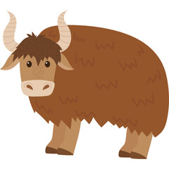Brown Yak Standing with Long Horns and Fluffy Fur on White Background