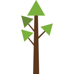 Abstract stylized tree with brown trunk and green triangular leaves on a transparent background