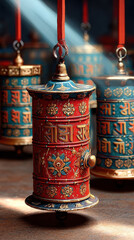 Hyper-realistic animation of ornate small prayer wheels painted in vivid colors on pedestal