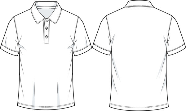 A clean, minimalist line drawing of a shortsleeved polo shirt, presented from both front and back views