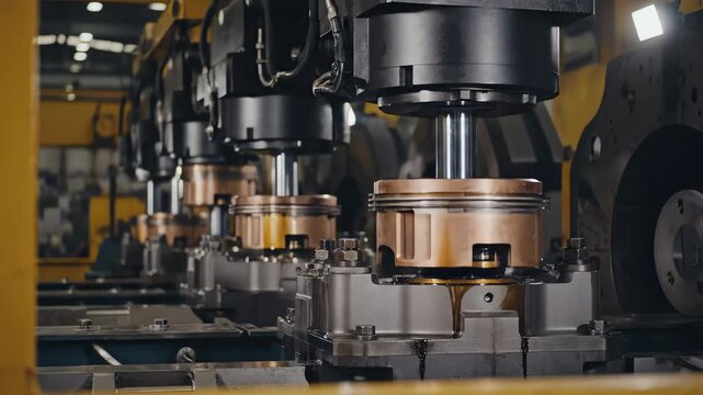 Hydraulic lifters pumping in sequence, each one pushing with invisible force against massive steel components