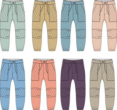 Eight technical flat sketches of modern jogger pants with unique quilted knee patches and pockets, presented in diverse colors for apparel concept and fashion design