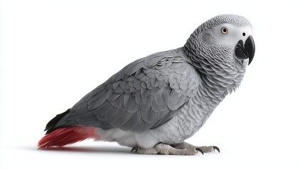 Fototapeta premium Beautiful gray parrot resting on the ground with striking red tail feathers