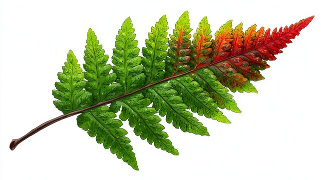From a botanical garden, a single green fern leaf frond is shown isolated on a white background