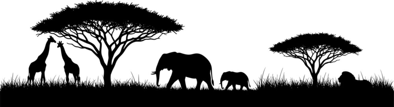 Silhouette of african savanna wildlife including giraffes, elephants, and a lion resting under acacia trees 