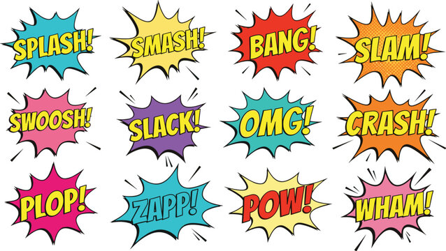 A collection of comic book sound effect words like splash, smash, bang, slam, swoosh, slack, omg, crash, plop, zapp, pow, and wham, presented in colorful starburst shapes