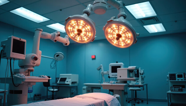 Empty modern operating room with advanced robotic surgery equipment. Futuristic hospital theatre ready for complex medical operation. Clinic interior with innovative technology for patient care,