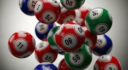 Red green blue numbered lottery balls falling against white background bingo game