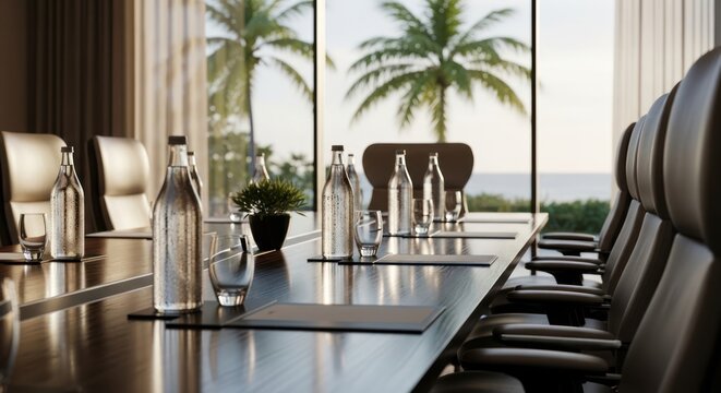 Luxurious boardroom with bottled water, overlooking palms, ocean in the background