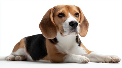 Beagle dog resting on white background with a calm expression