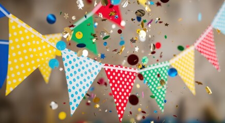 Colorful pennant banner and confetti floating, celebrating a joyous event