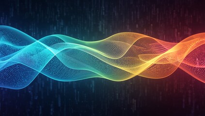 Abstract digital waveform with rainbow colors and binary code background