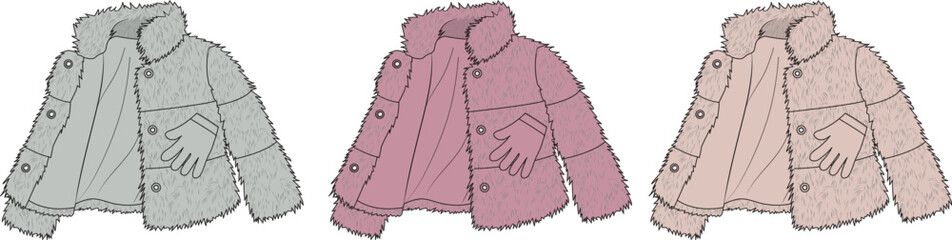 Set of women's winter puffer jacket technical flat sketches. Fashion illustration of outerwear in multiple colors for apparel design © Arafat