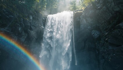 Majestic waterfall with rainbow lens flare in lush green forest