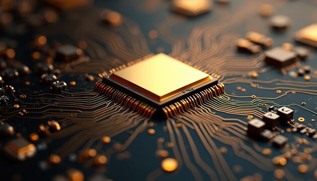 Gold CPU processor on a computer circuit board. A microchip on motherboard with electronic components. This high tech hardware represents digital innovation, computing power and future progress.