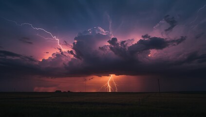Dramatic lightning strike illuminating stormy sky over dark landscape