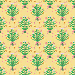 Seamless pattern of colorful flower bouquet on yellow background, with love and ribbon ornaments, used for packaging design, wrapping paper, or fabric