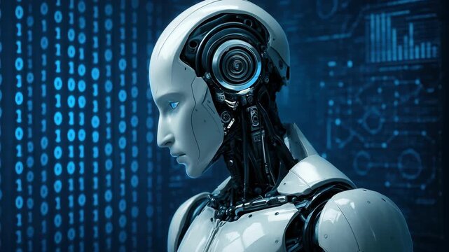Futuristic robot with a human-like face, captured in a side profile angle. Digital binary code backdrop enhances the sci-fi video theme. Live desktop wallpaper.