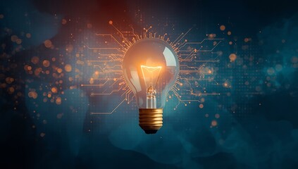 Glowing light bulb with digital network and abstract particles symbolizing innovation and ideas