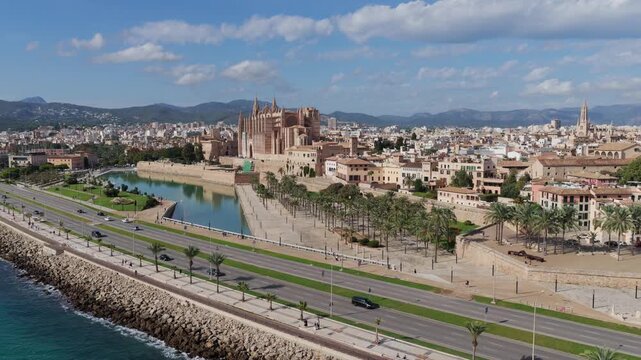 Aerial View of Palma de Mallorca Cathedral (La Seu) and Old Town on the Mediterranean Coast
