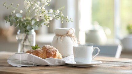 Cozy breakfast scene with a jar of green bean jam, warm croissants, and a cup of herbal tea, evoking a savory and unique morning ambiance.