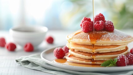 A stack of buttermilk pancakes topped with fresh raspberries and maple syrup.