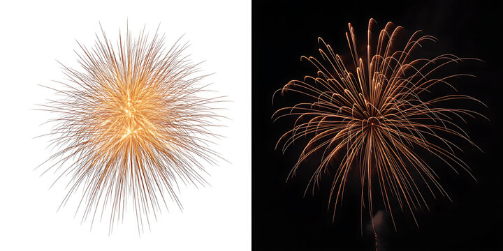 Bright orange fireworks exploding in a starburst pattern isolated on white background