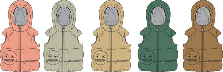 Collection of Cozy Children's Hooded Puffer Vests in Various Earth Tones and Pastels, Featuring Adorable Smiling Face Pocket Designs, Perfect for Layering and Outdoor Play