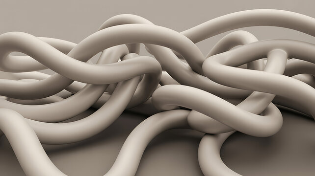 Intertwined thick beige ropes or tubes in a closeup abstract composition