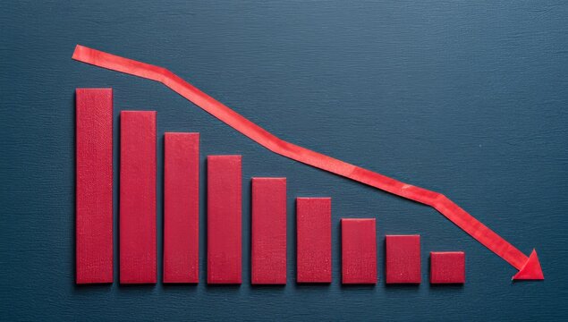 A blue graph with minimal design elements and a red arrow pointing downwards represents the concepts of financial loss, business risk, and declining monetary value