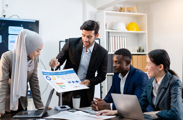 businessman colleague discuss explain budget performance planning, sharing idea for cost reduction,...